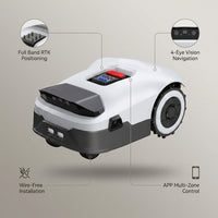 Robot Lawn Mower NO Wire - 0.9 Acre, Full Band Rtk+4-Eye Vision Robotic Lawnmower, Automatic Mapping, 30 Multi-Zone Management, Accurate Obstacle Avoidance, Intelligent Anti-Theft, APP Control — infographic