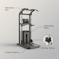 Smart Home Gym Built for Full Body Training, Digital Weight System, Multi-Station Rack, Compact Design — infographic