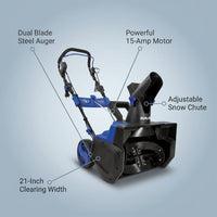Ultra 15 Amp Electric Corded Snow Blower, 2 Blade Auger, 21 Inch Wide, SJ625E — infographic