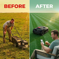 X450 17 In. Robot Lawn Mower (1 1/2 Acre) RTK + 360 Degree Camera, AWD, Weather Adaptive, AI Obstacle Avoidance — Before & After